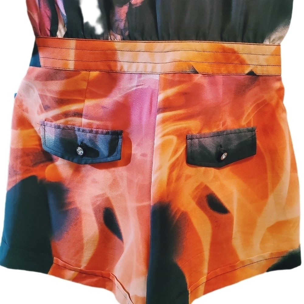 BISOU BISOU Dressy Romper Shorts Women's SM. 3/4 Sleeve V Neck Button Down Print - Picture 4 of 11